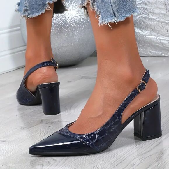 Elegant Pointed Toe Summer Sandals – Chunky Heel, Black & Gold, Size 7.5 - Picture 4 of 8